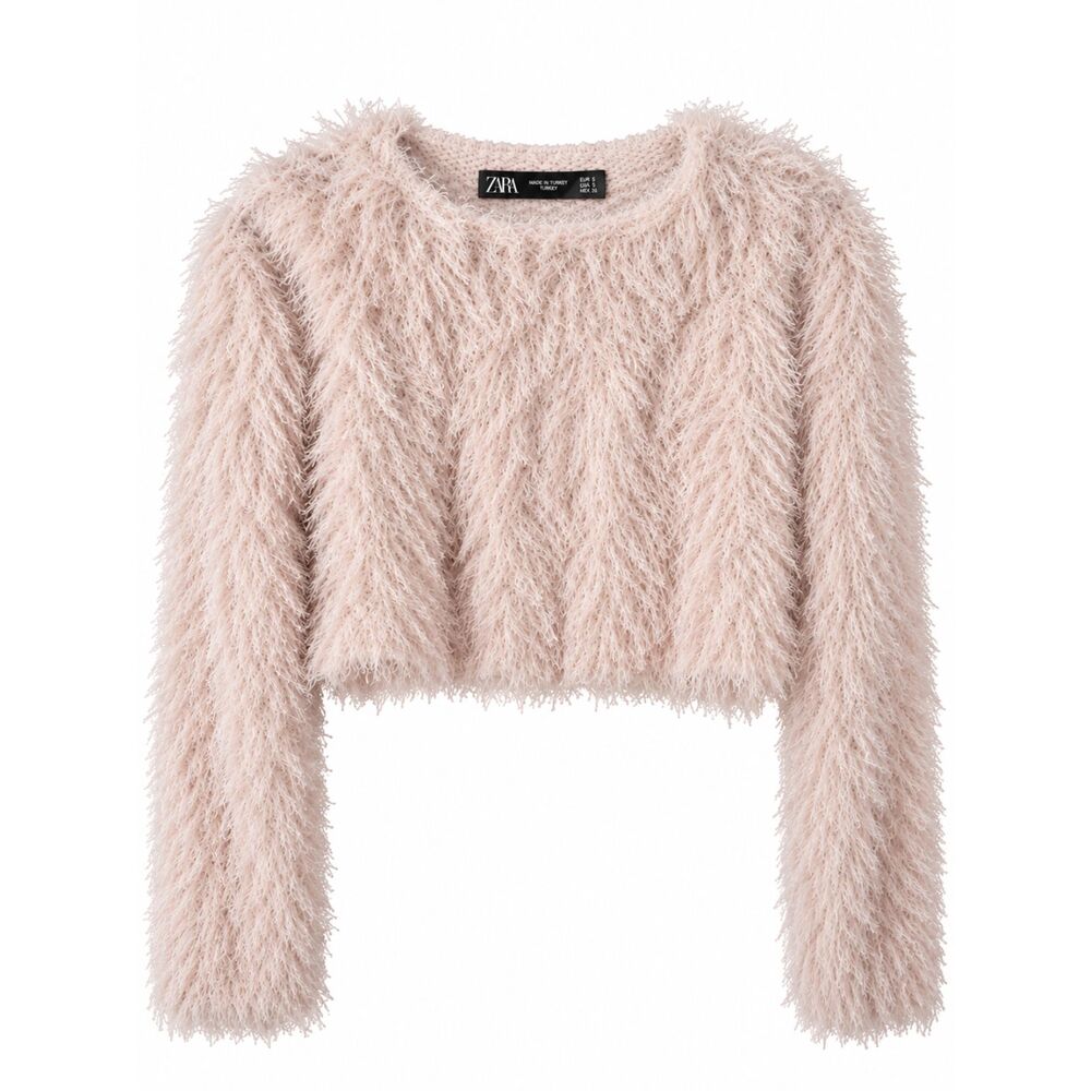 Zara Womens Small Blush Pink Fuzzy Eyelash Knit Cropped Sweater Long Sleeve